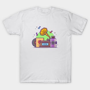 Old Music Player with Gramophone , Camera, and Vinyl Music Cartoon Vector Icon Illustration T-Shirt